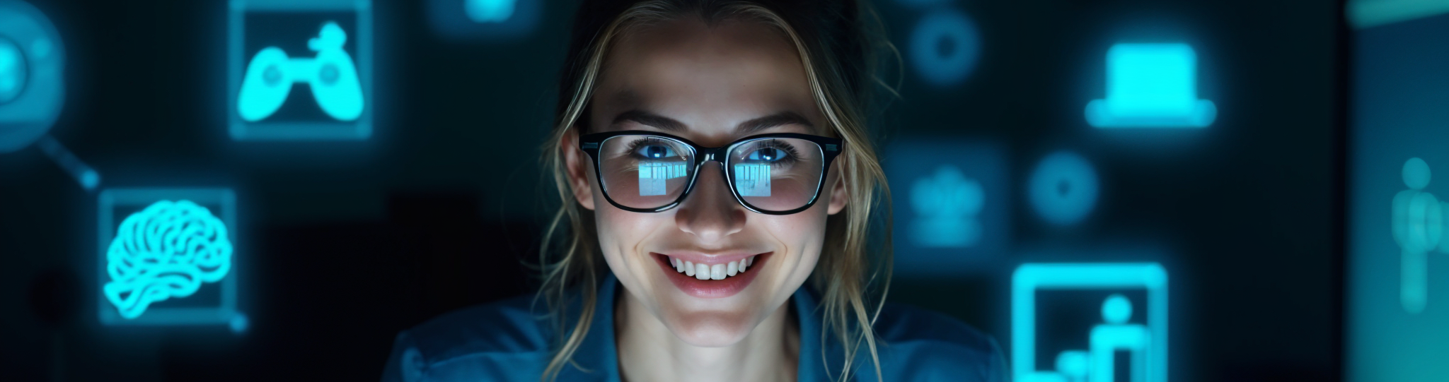 Ilustración de una chica con lentes sonriendo e imagenes de neon de fondo